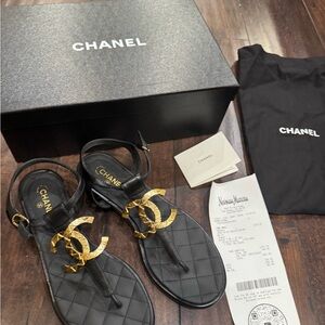 Authentic Chanel Black and Gold thong Sandals